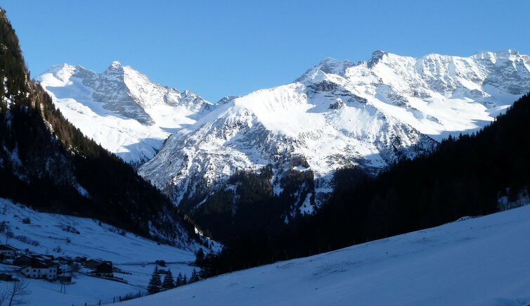 links olperer und fussstein rechts sagwandspitze und schrammacher und hohe wand tuxer alpen zillertaler alpen ab valsertal winter